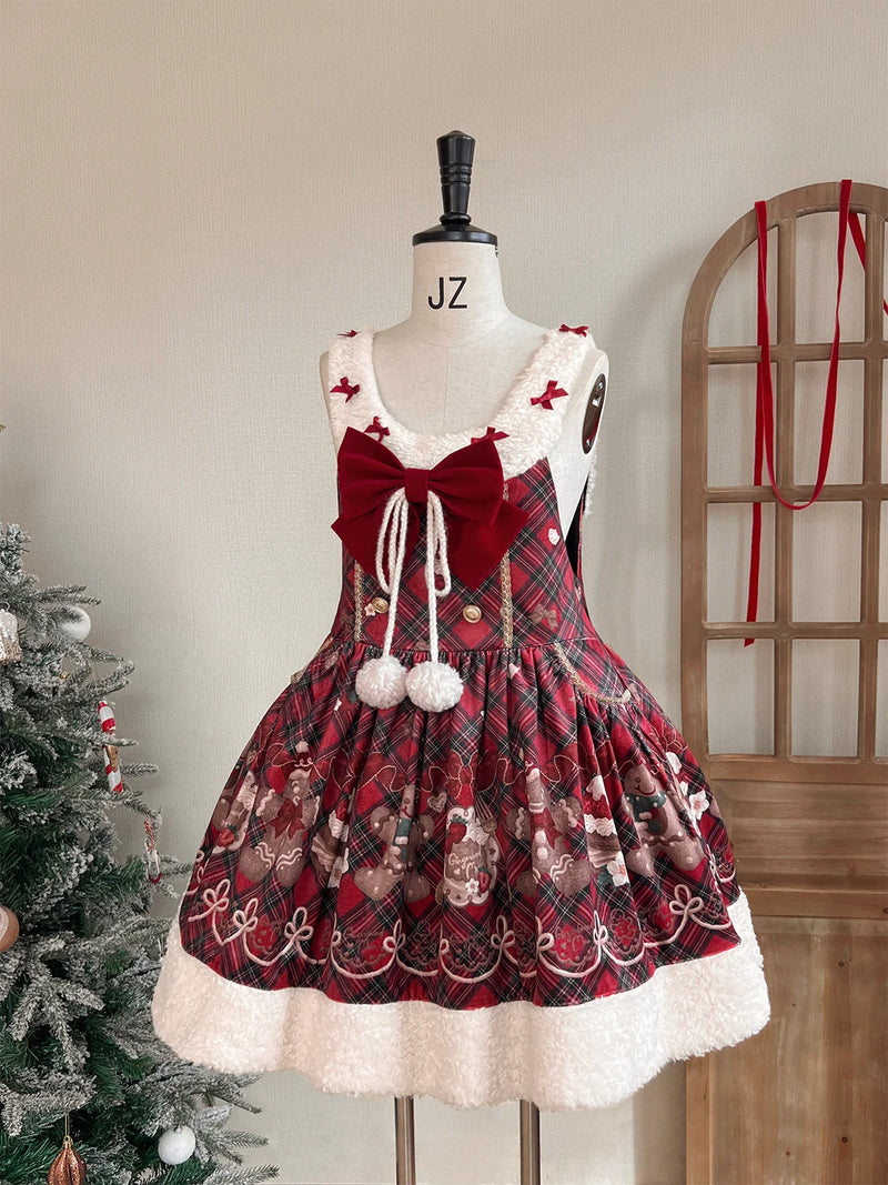 Tan Tuan Strawberry Gingerbread Plaid Bow Winter JSK — Pinafore Dress