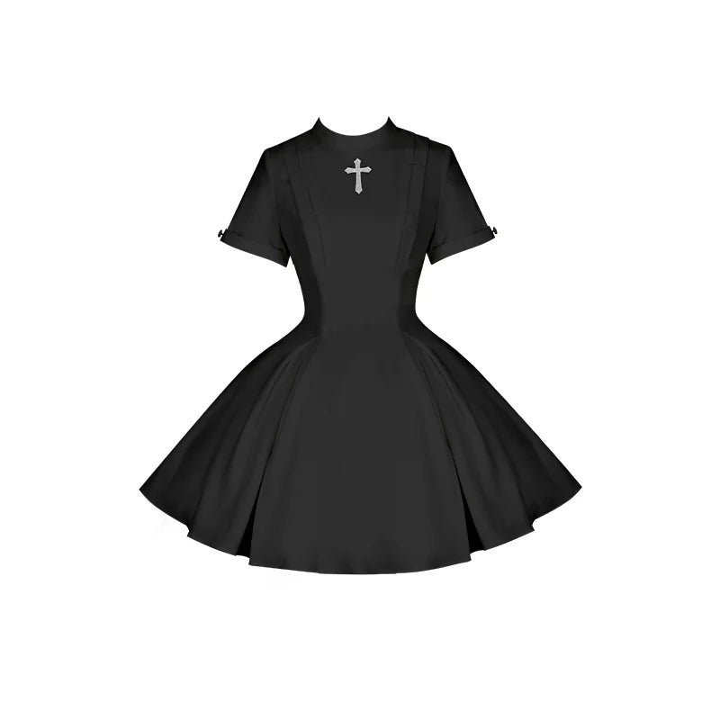 With PUJI - Nihil - Gothic Nun Lolita OP Dress, Irregular Hem Cape detail view 14