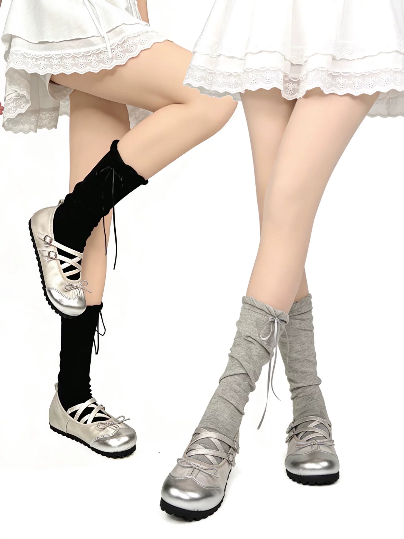 White Socks - Bow-Tie Slouch - Ruffle-Edge Mid-Calf Socks with Tie Details