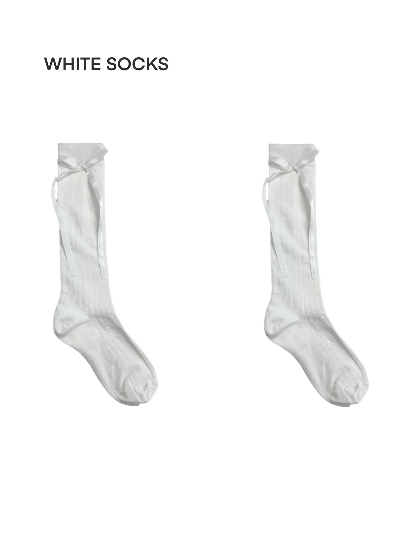 White and grey slouch mid-calf socks with long ribbon bows at the cuffs.