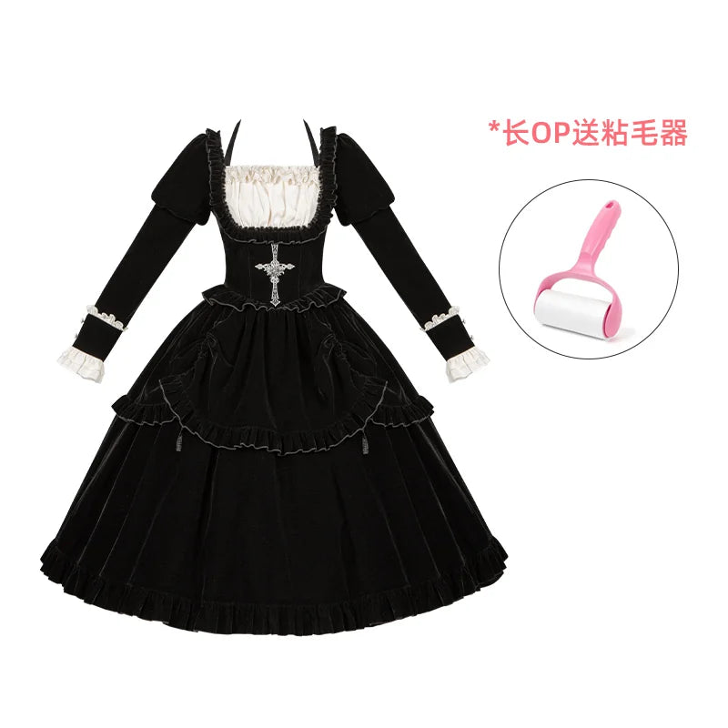 With PUJI - Apocalypse - Gothic Lolita Velvet OP Dress Set, Fishbone Waist detail view 7