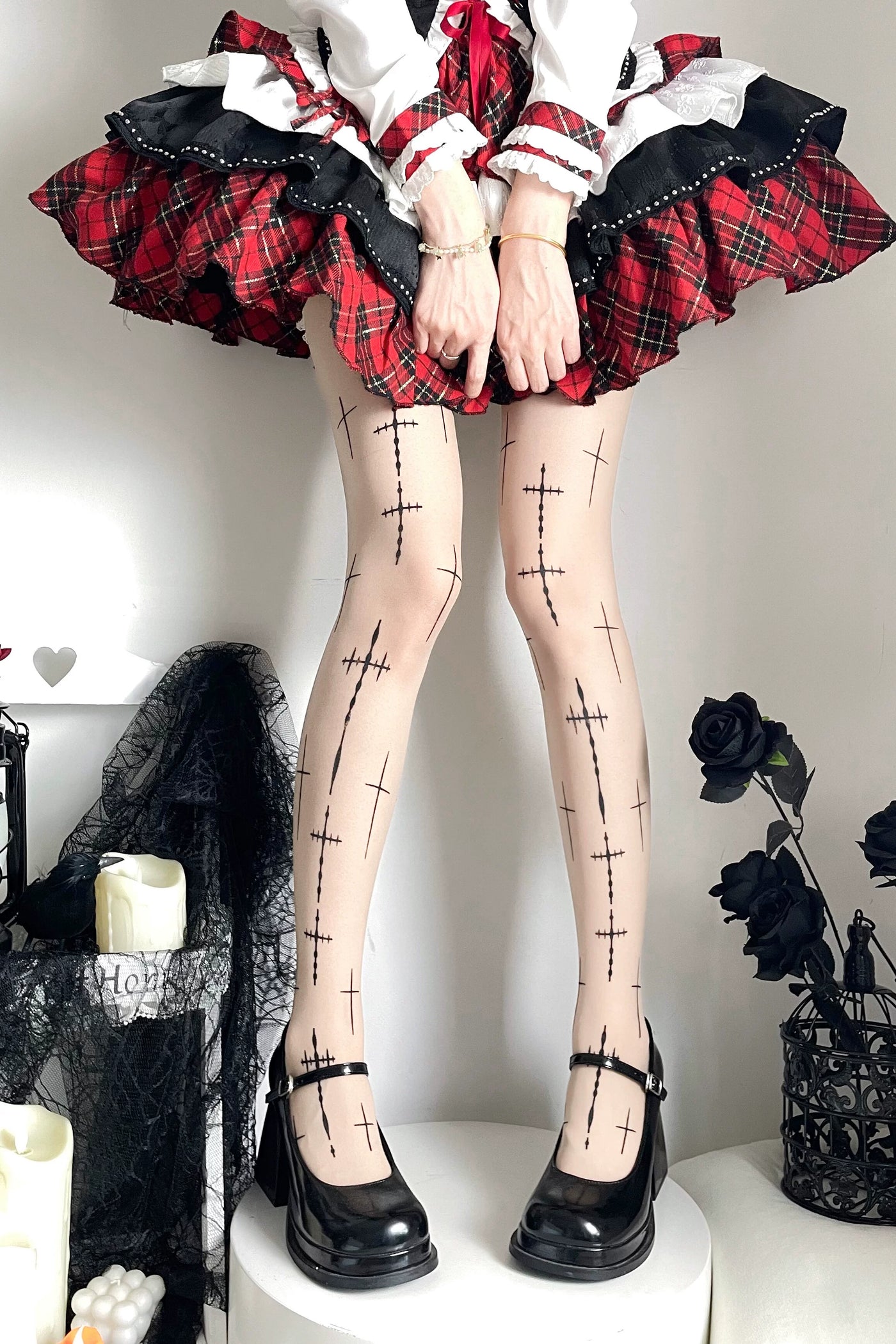 Fantasy Doll - Subculture Prints - Sheer Pantyhose in Spiderweb, Multiple-Cross and Cartoon Prints