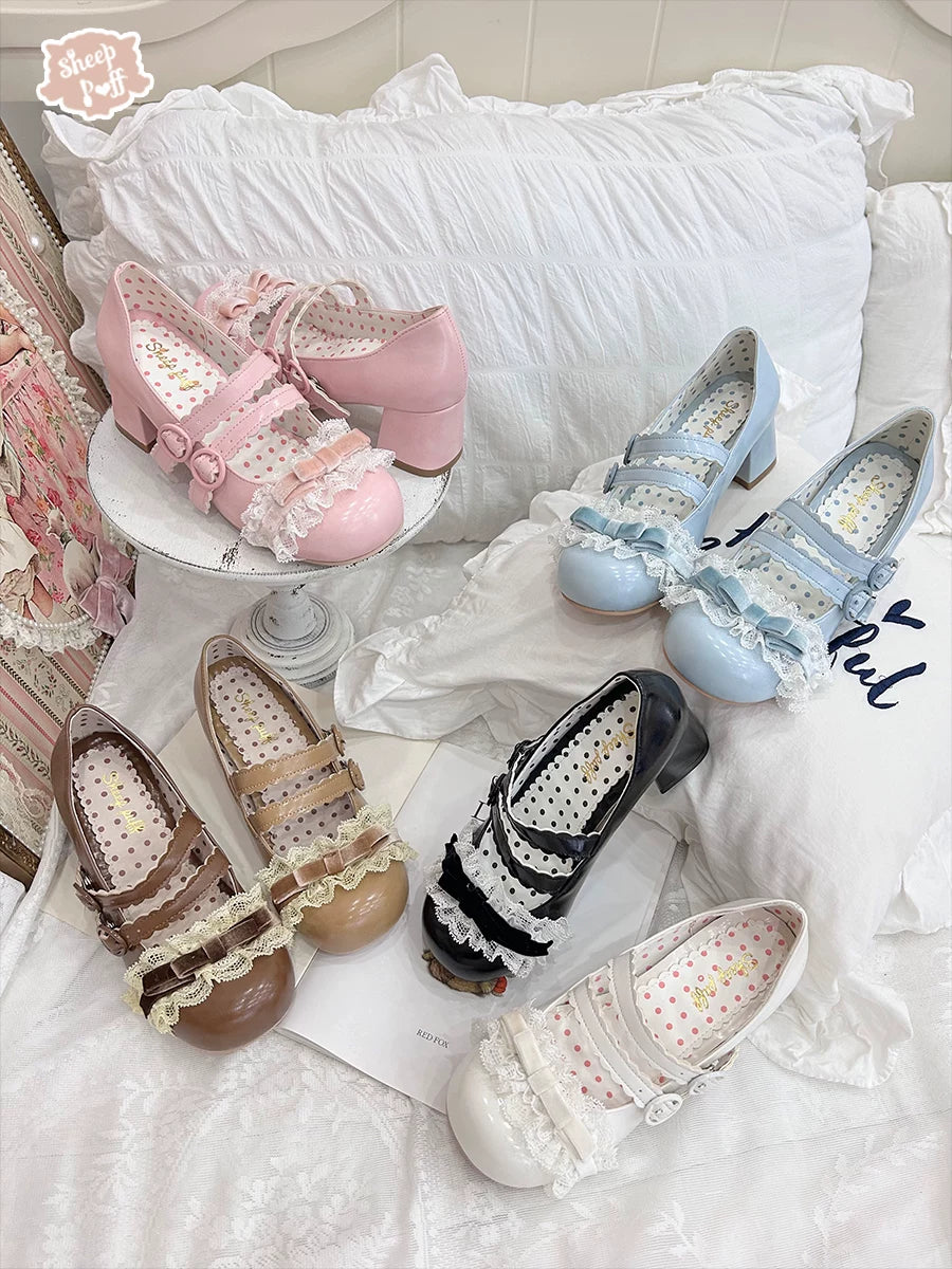 Sheep Puff Tiramisu Mid Heel Lolita Shoes displayed on a white background, featuring a pastel color scheme and decorative bows.