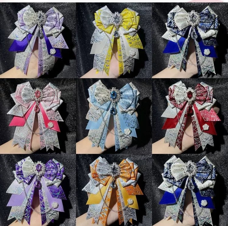 xxc230589 - Snowflake Diamond Bow - Layered bow brooch with a dangling chain