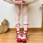 White socks with red ribbon, mid-short socks / One Size