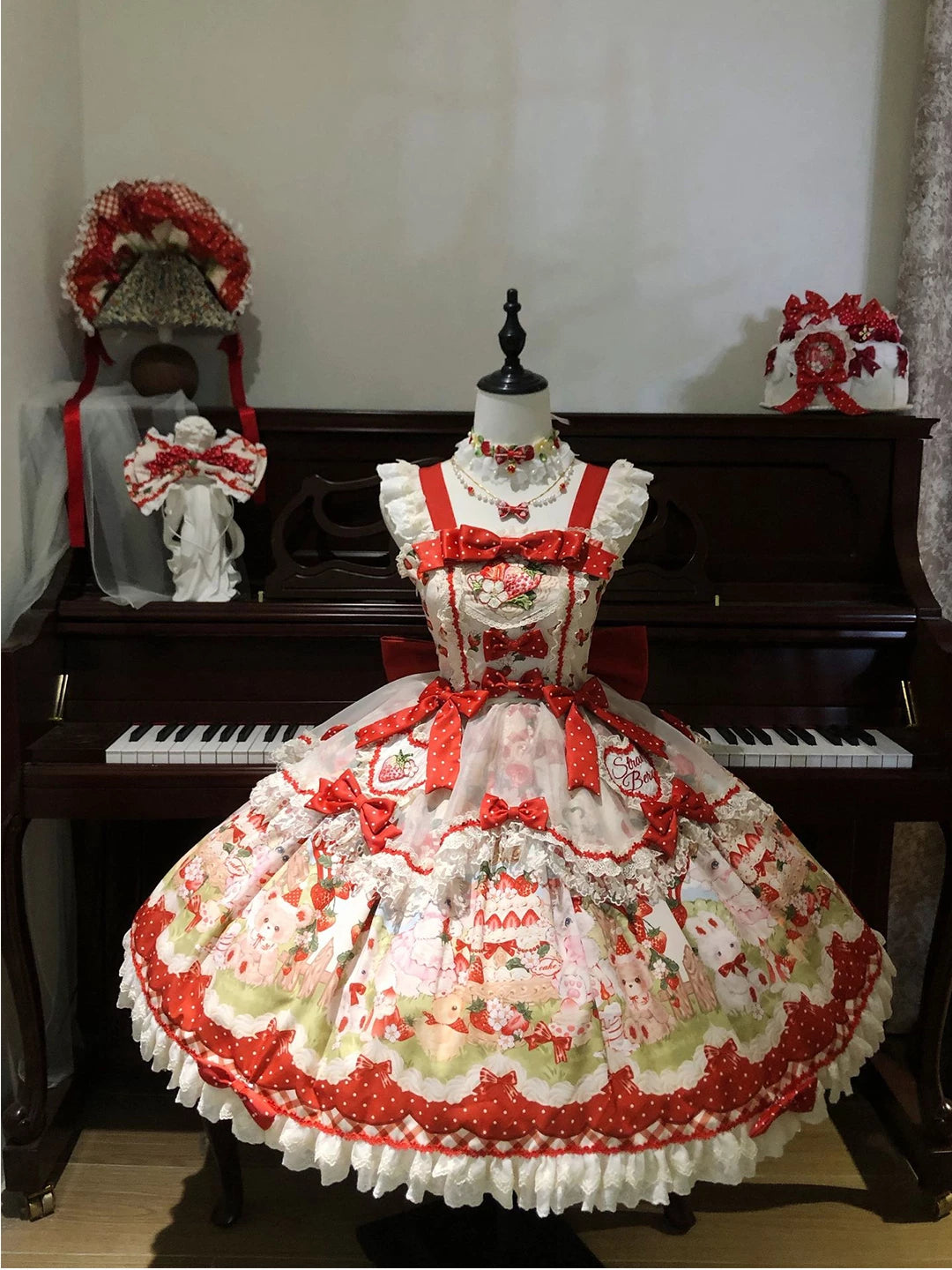 Creamy - Strawberry Cat Princess - Strawberry Cat Print Jumper Skirt Set with Back Train