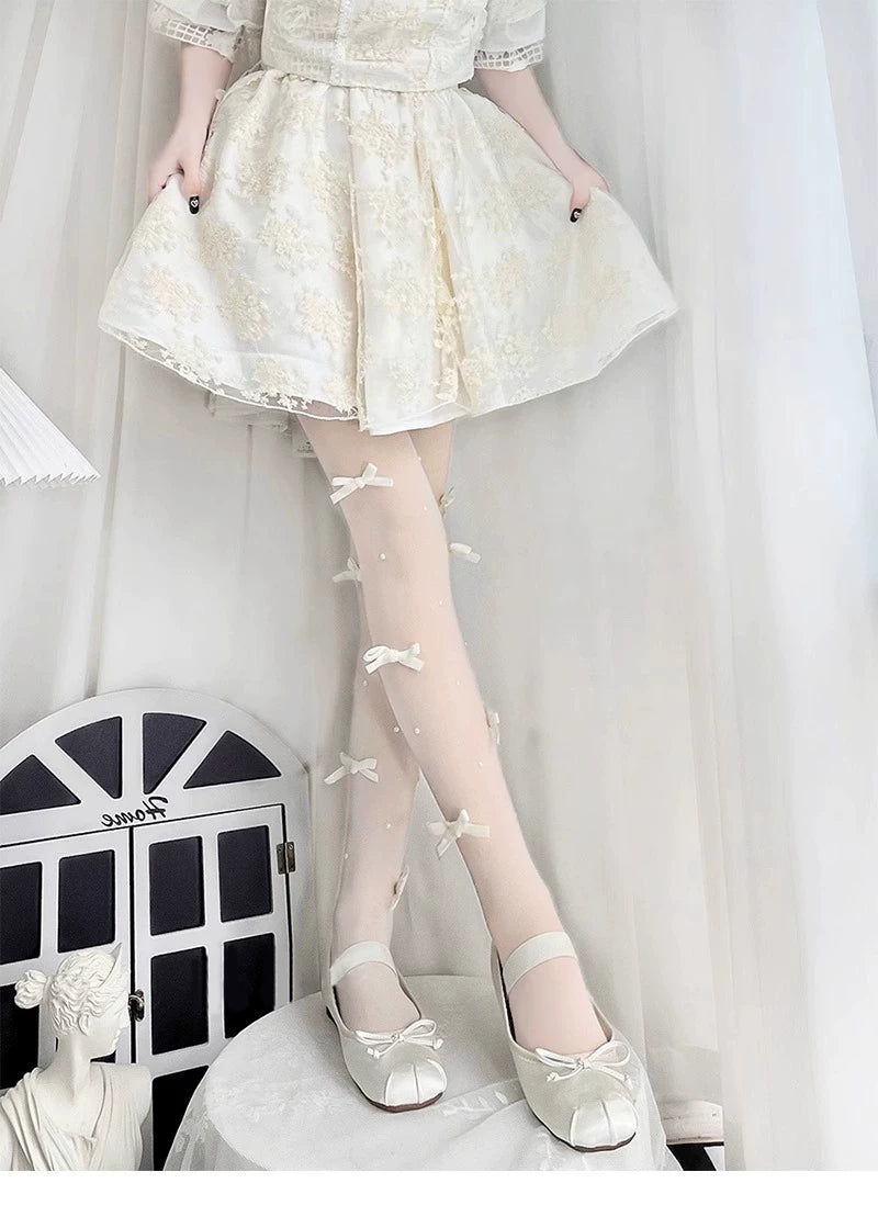 Floral Milk Cat - Pearl Bow - Ultra-Thin Tights with Ribbon Bows