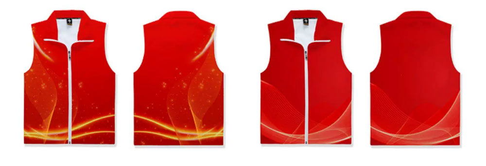 Printed volunteer vests in red, green, blue, and white environmental graphic designs