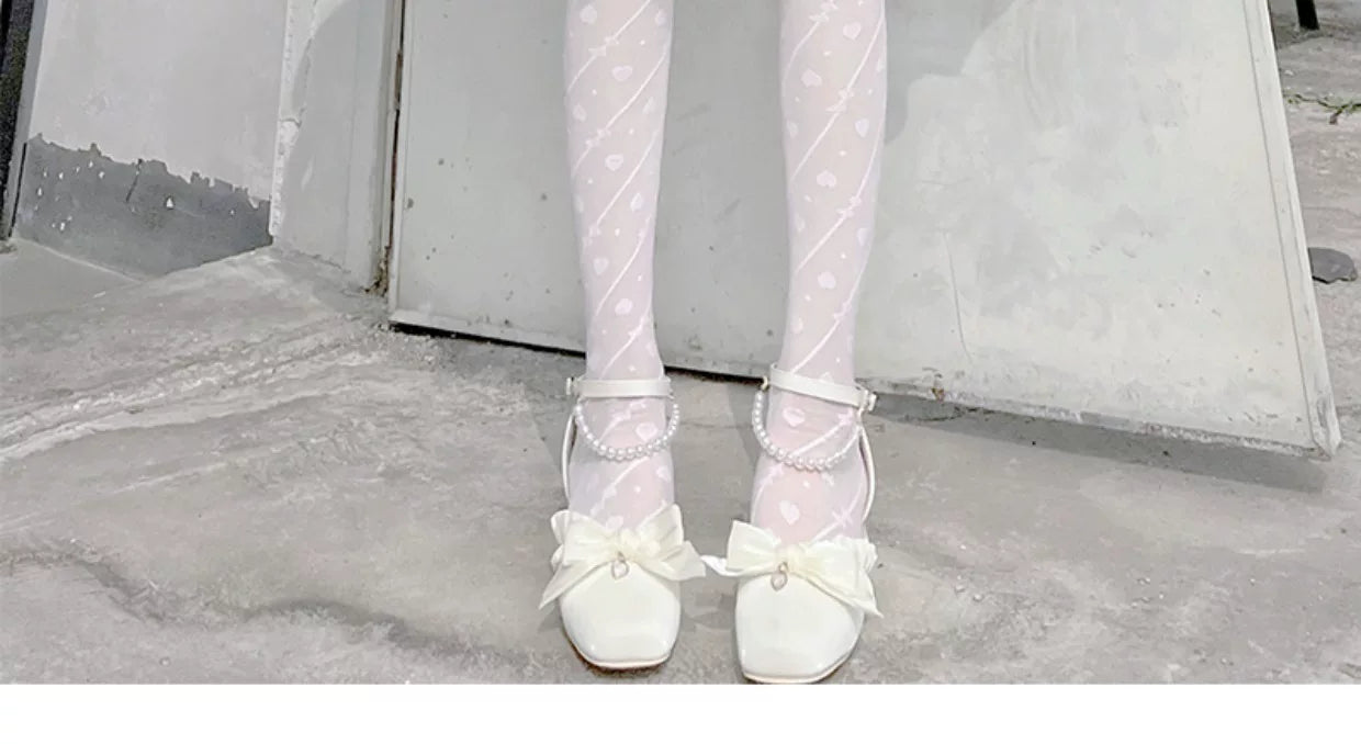 Floral Milk Cat - Heart Stripe - Pantyhose with Heart Motifs and Diagonal Stripe Details