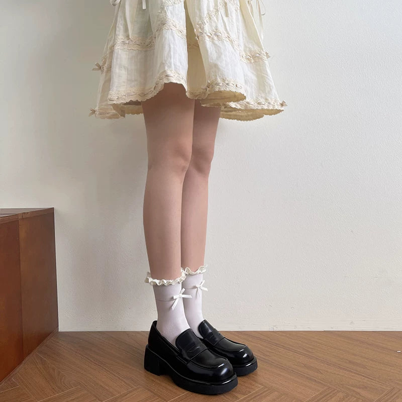 Sock Noble - Ribbon Frill - Cotton Socks with Lace Edging and Bow Accents
