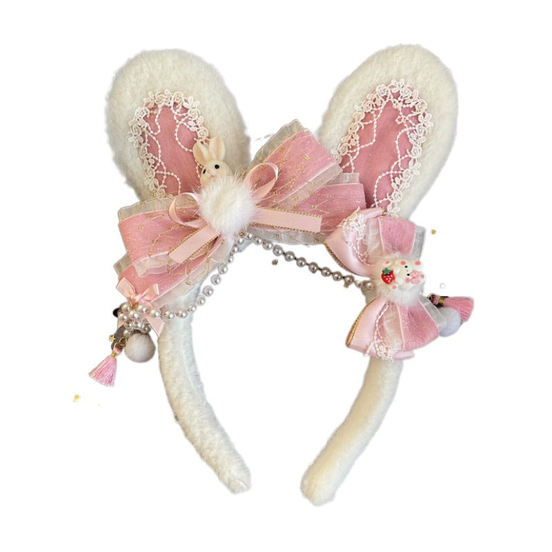 Luoluo Decoration light pink rabbit-ear Lolita headband with bow and beaded chain