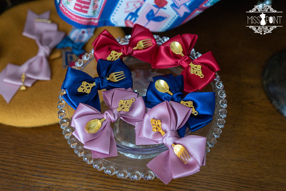 Berry Rose Lolita Accessories Collection KC Beret Necklace wine red knife and fork ribbons side clips (1 pair)