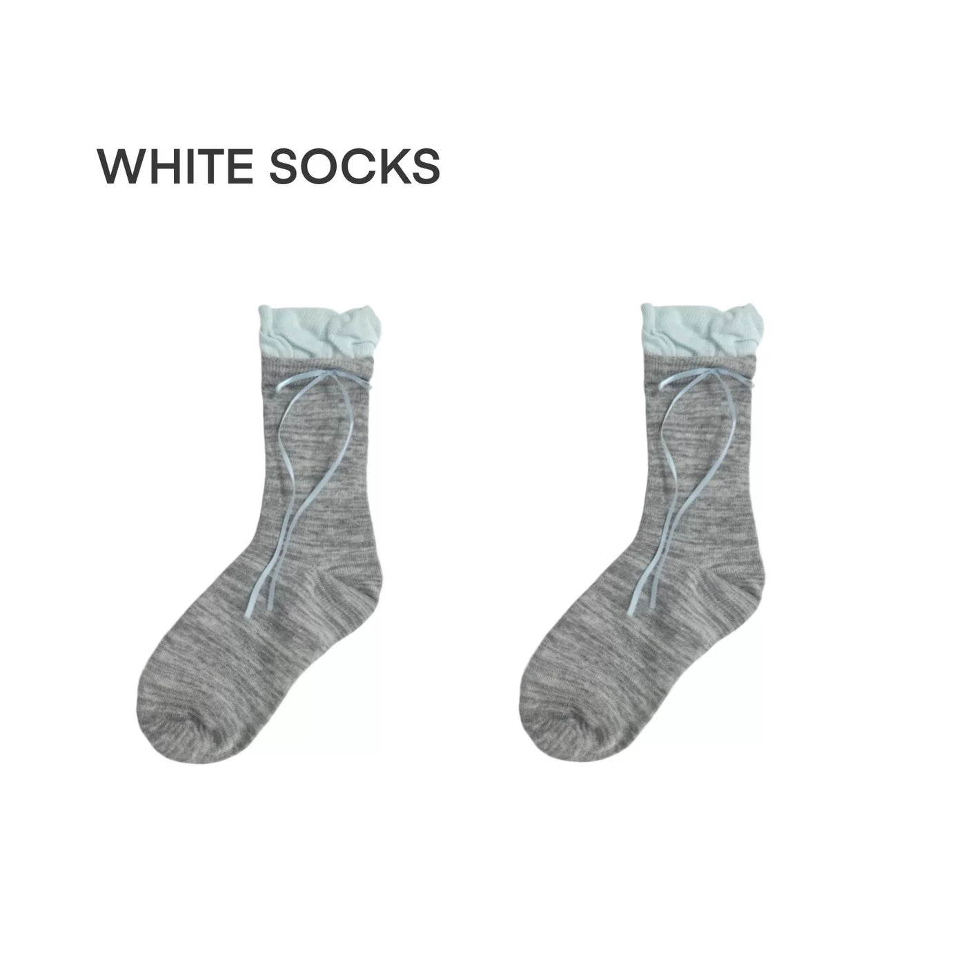 Gray faux-layered slouch socks with a pale cuff and bow tie.