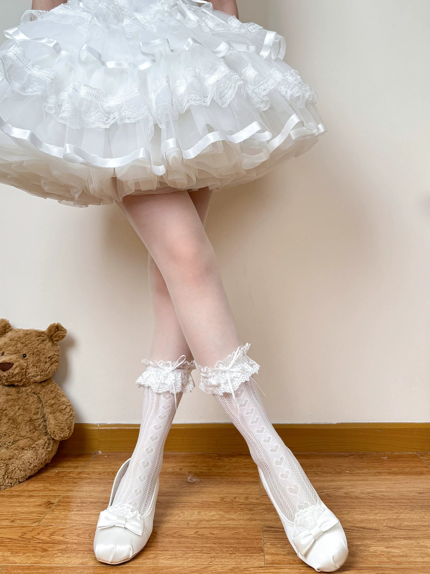 Chubby Bear Tales - Edith - Openwork Mid-Calf Socks with Lace Cuffs and Bows