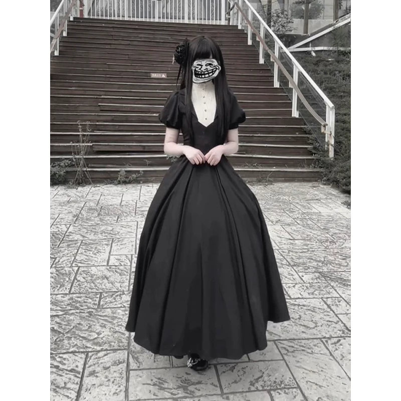 Creamy - Vintage Gothic - Black One-Piece Dress with White Inset Front