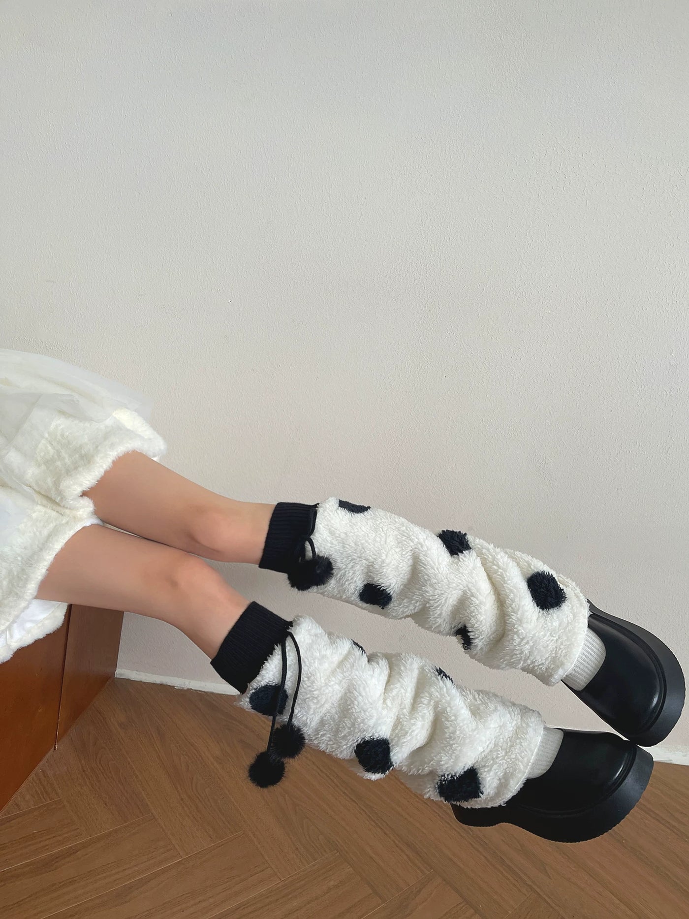 Sock Noble - Cream Polka Dot - Fluffy Sock Covers with Pom-Pom Ties