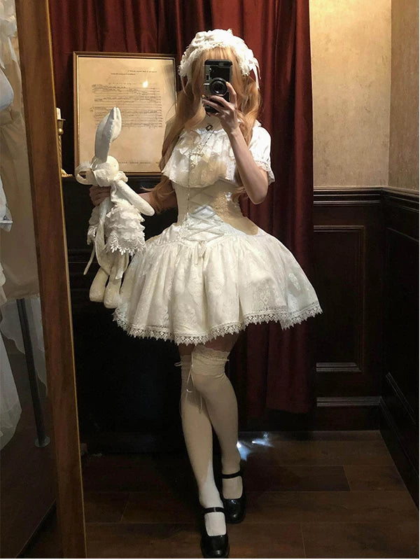 Creamy - White Gothic - Blouse Set with Bib and Short Skirt