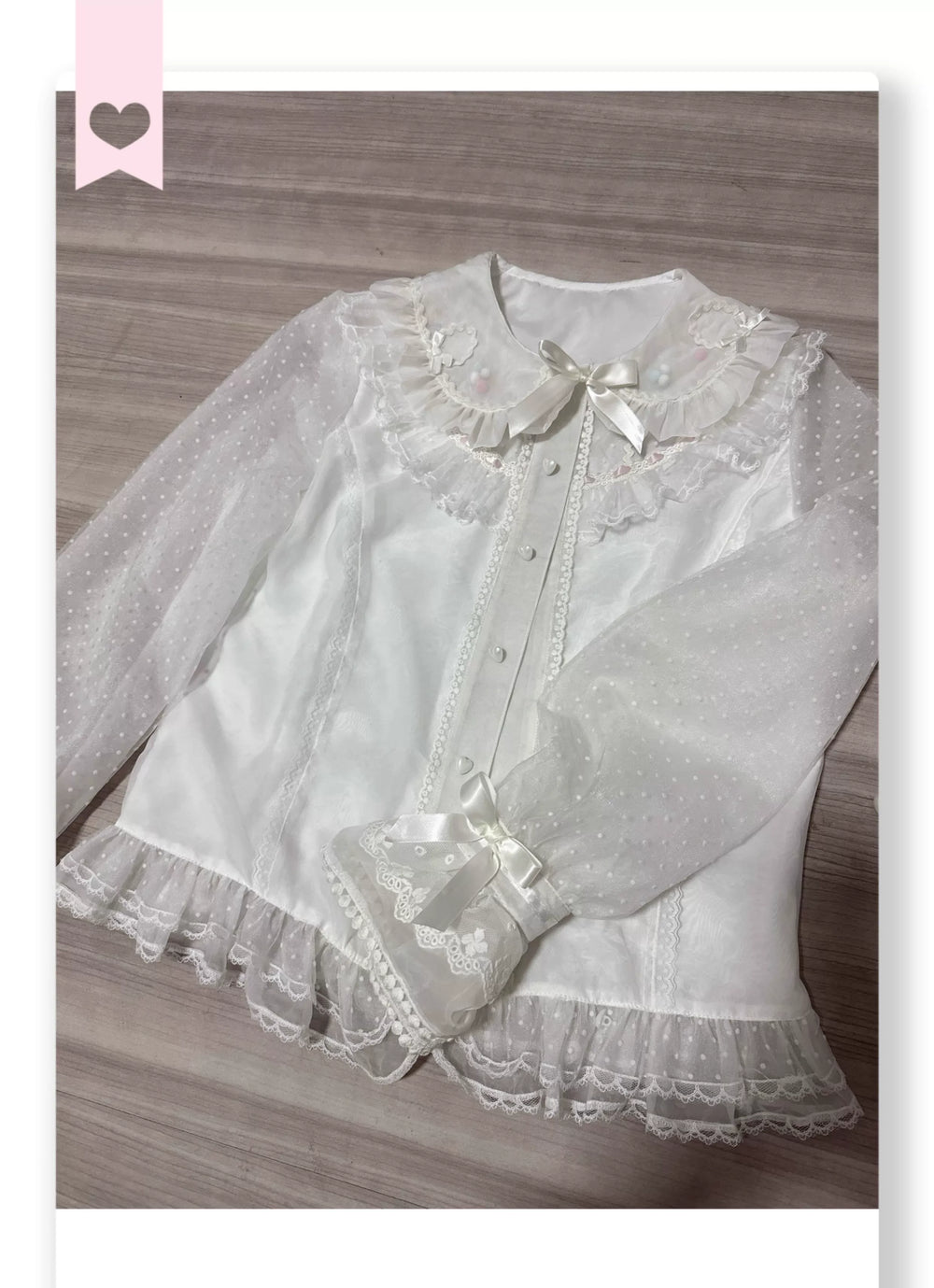 White long-sleeve Lolita blouse with ruffled collar, dotted sheer sleeves and lace cuffs