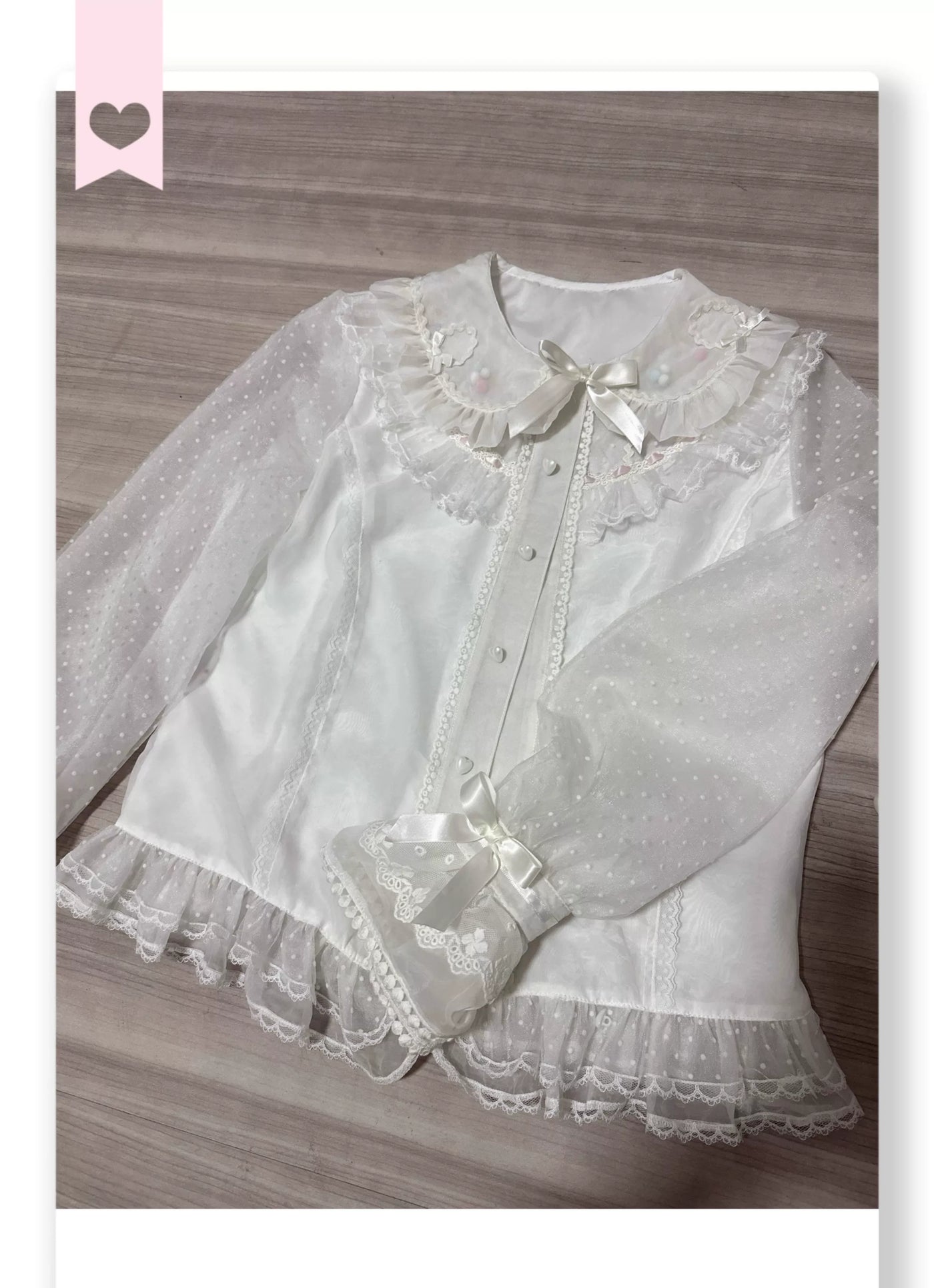 White long-sleeve Lolita blouse with ruffled collar, dotted sheer sleeves and lace cuffs