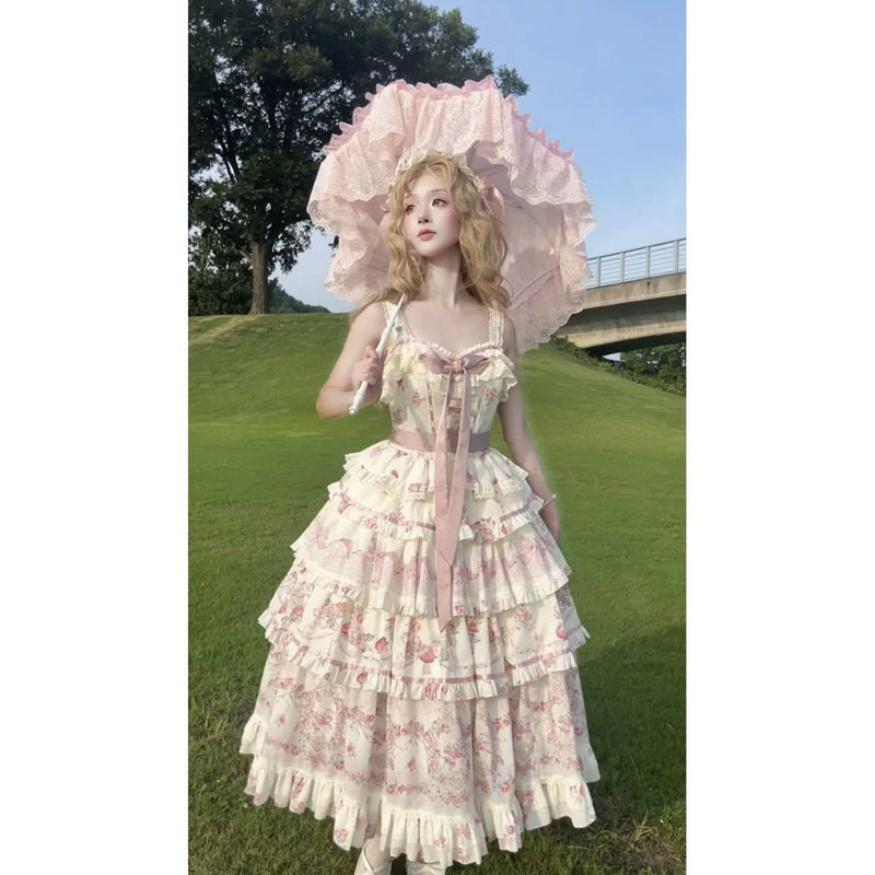 Xiao Xin - Secret Garden - Floral-Print JSK Suspender Dress with Lace Ruffles