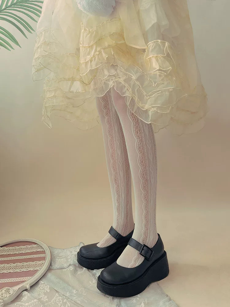 Sock Noble - Heart Lace - White or black lace tights with vertical lace panels