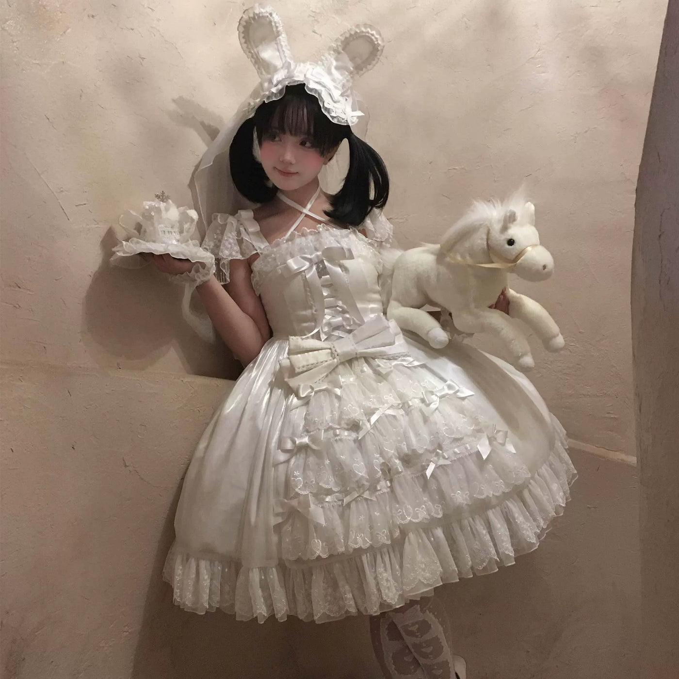 Moon Lily - Love Snow - White-and-Pink or Pure-White JSK with Layered Lace and Bows