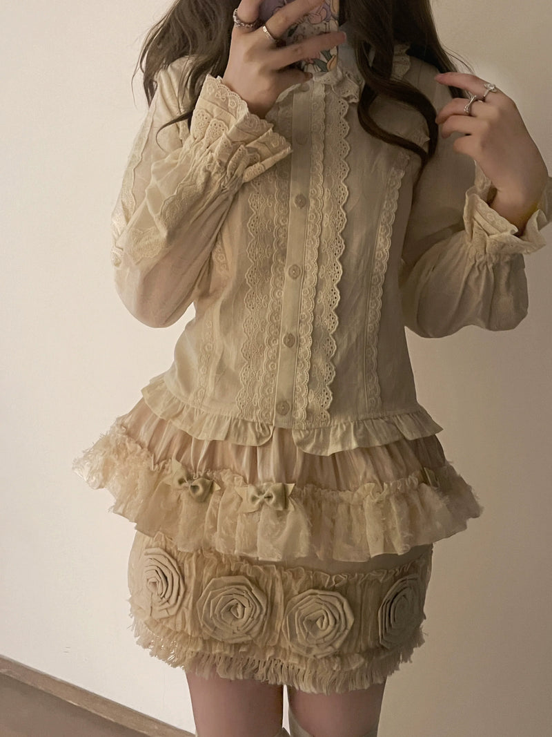 MIST - Lily - Kawaii Lolita blouse with a doll collar and lace bubble sleeves - product detail 7