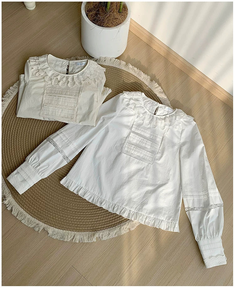With PUJI - Jennie - Sweet Lolita Cotton Shirt, Ruffled Round Collar