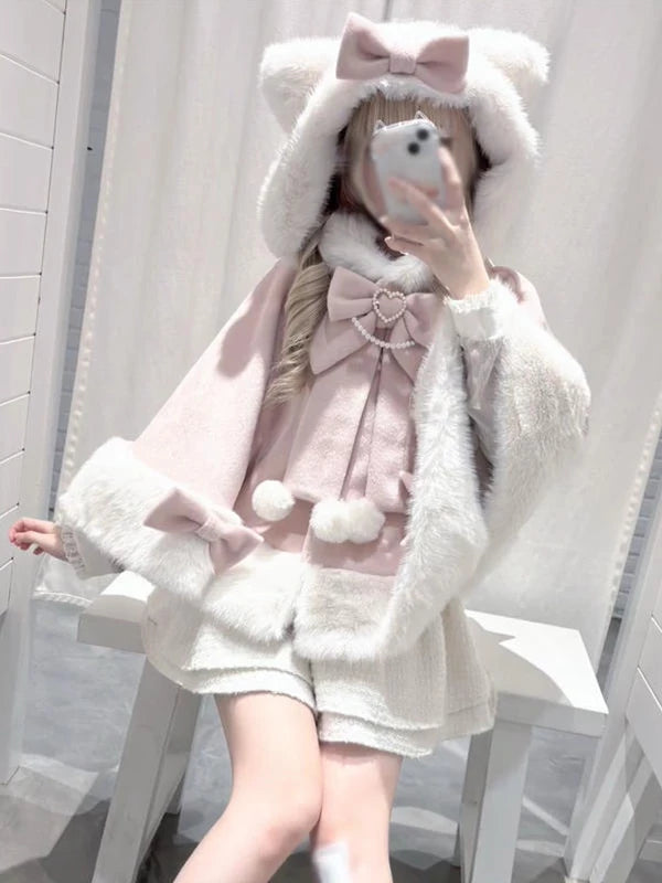 Creamy - Cat-Ear Cape - Pink hooded cape with cat ears and white plush trim