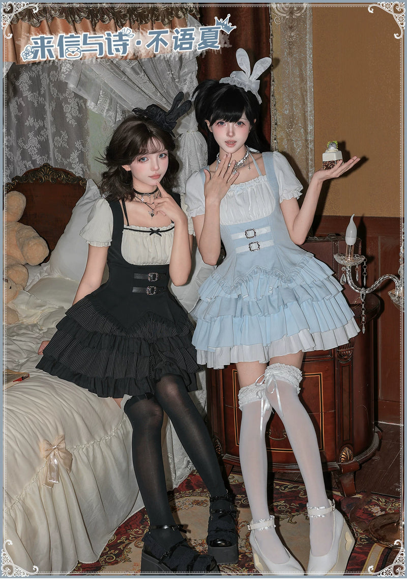 With PUJI - Unspoken Summer - Sweet Lolita OP Dress, Square Neckline & Tiered Skirt detail view 6