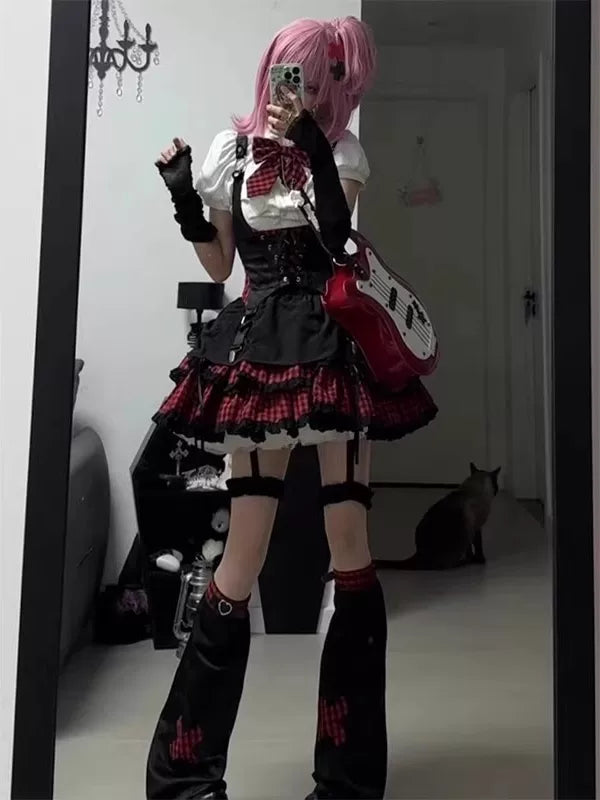 Creamy - American Rock Idol - Lolita Outfit Set with Plaid Ruffle Skirt