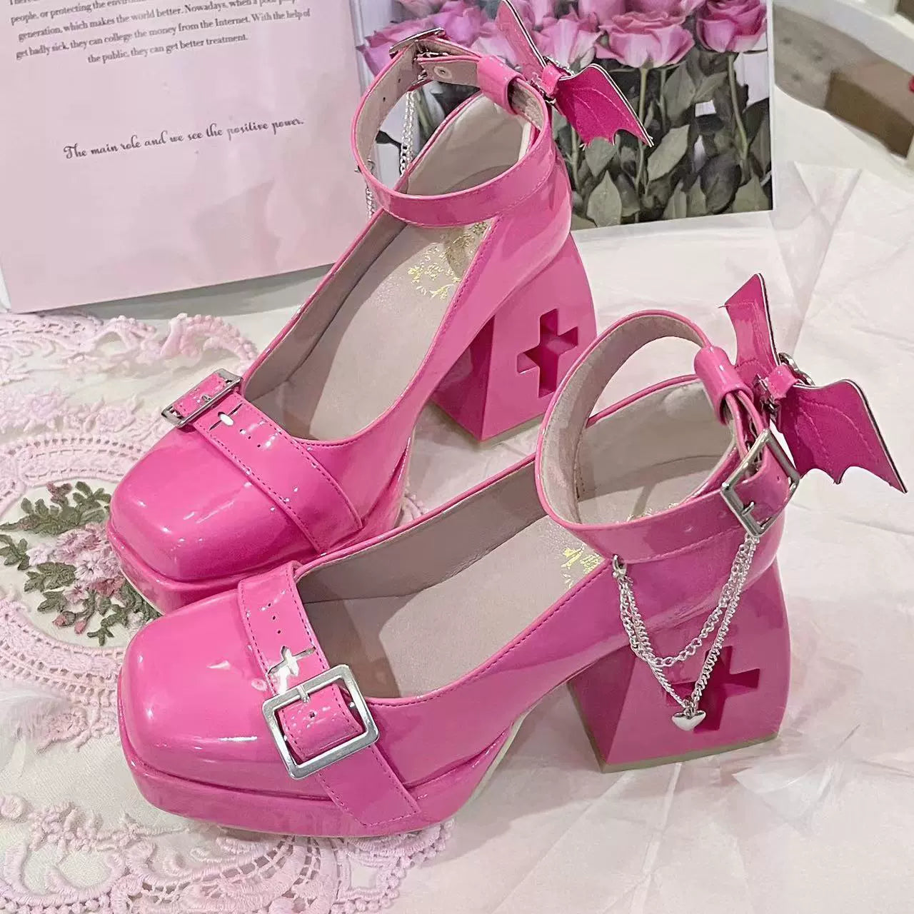 Bingo Lulu - Late Century Sweetheart - Punk Lolita High-Heeled Mary Jane Shoes with Cross-Shaped Heel Cutout - product detail 3