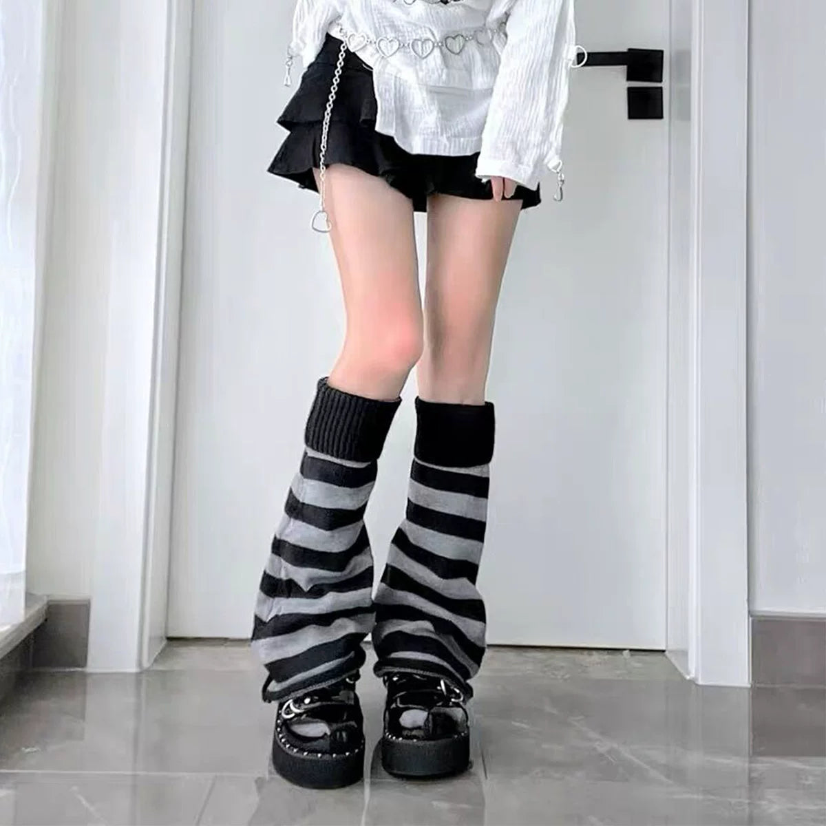 Black white striped bell-cuff thigh-high leg warmers