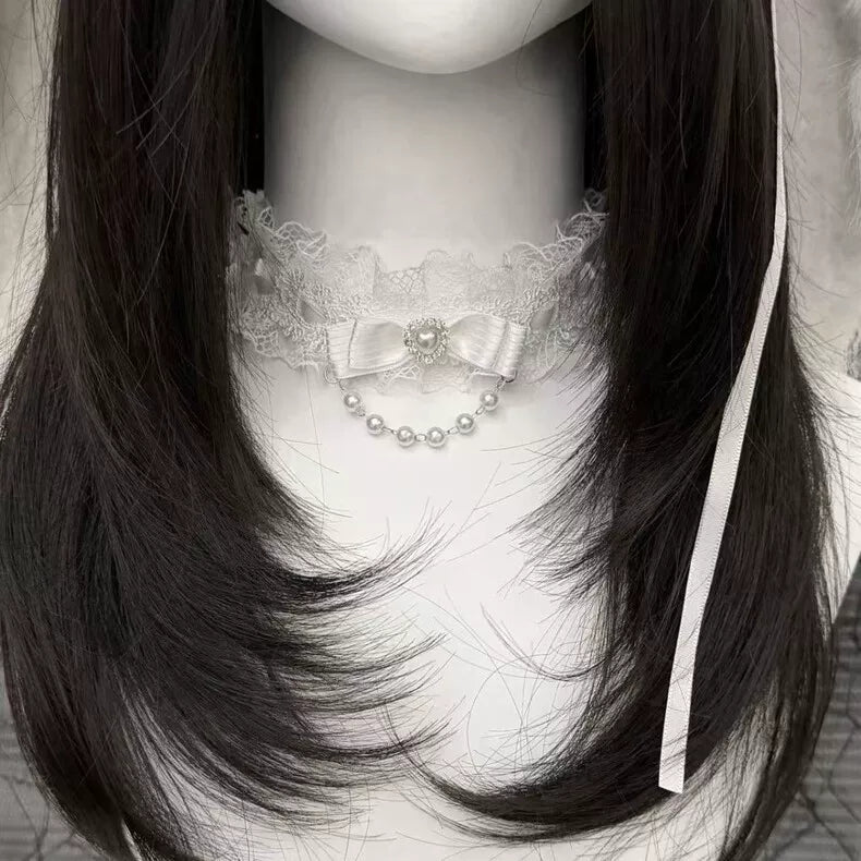 Creamy - Butterfly Pearl - Lace Choker Necklace with Bow Detail