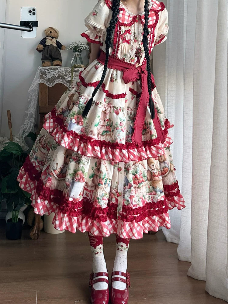 Dream Bunny - December Strawberry Field - Strawberry-Print One-Piece Dress with Red Gingham Ruffles