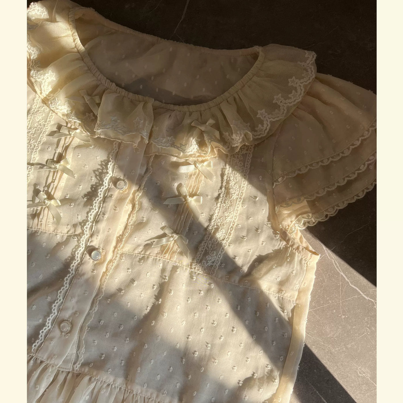 Sweetheart Dream Machine - Embroidered Dot Blouse - White or Ecru Lolita Blouse with Lace Ruffles and Bow Ties