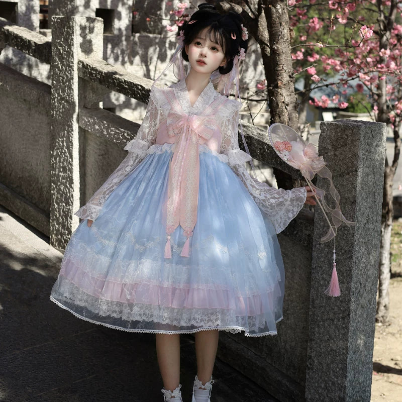 Lady Han Peach Spring Chinese JSK dress by Lolita Fetch featuring a floral print and traditional design, displayed on a dress form.