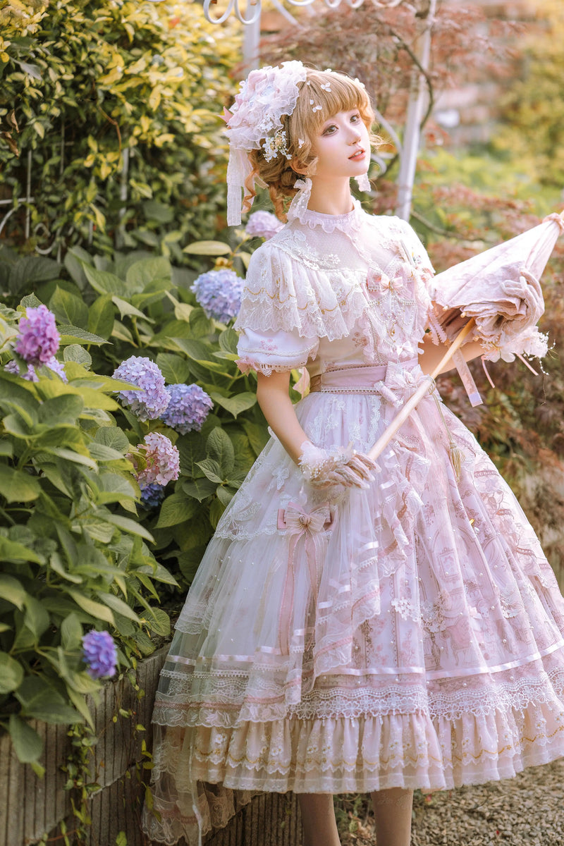 Two Country Cats - Sunset Realm - Light Pink Natural-Waist Lolita Dress Complete Set with Layered Lace Trim