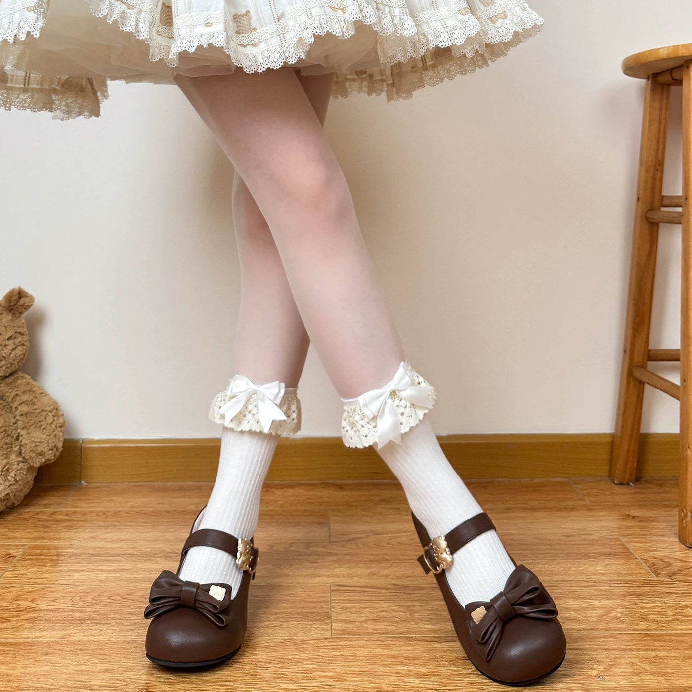 Chubby Bear Tales - Antique Doll - Double-Bow Teddy Bear Motif Socks