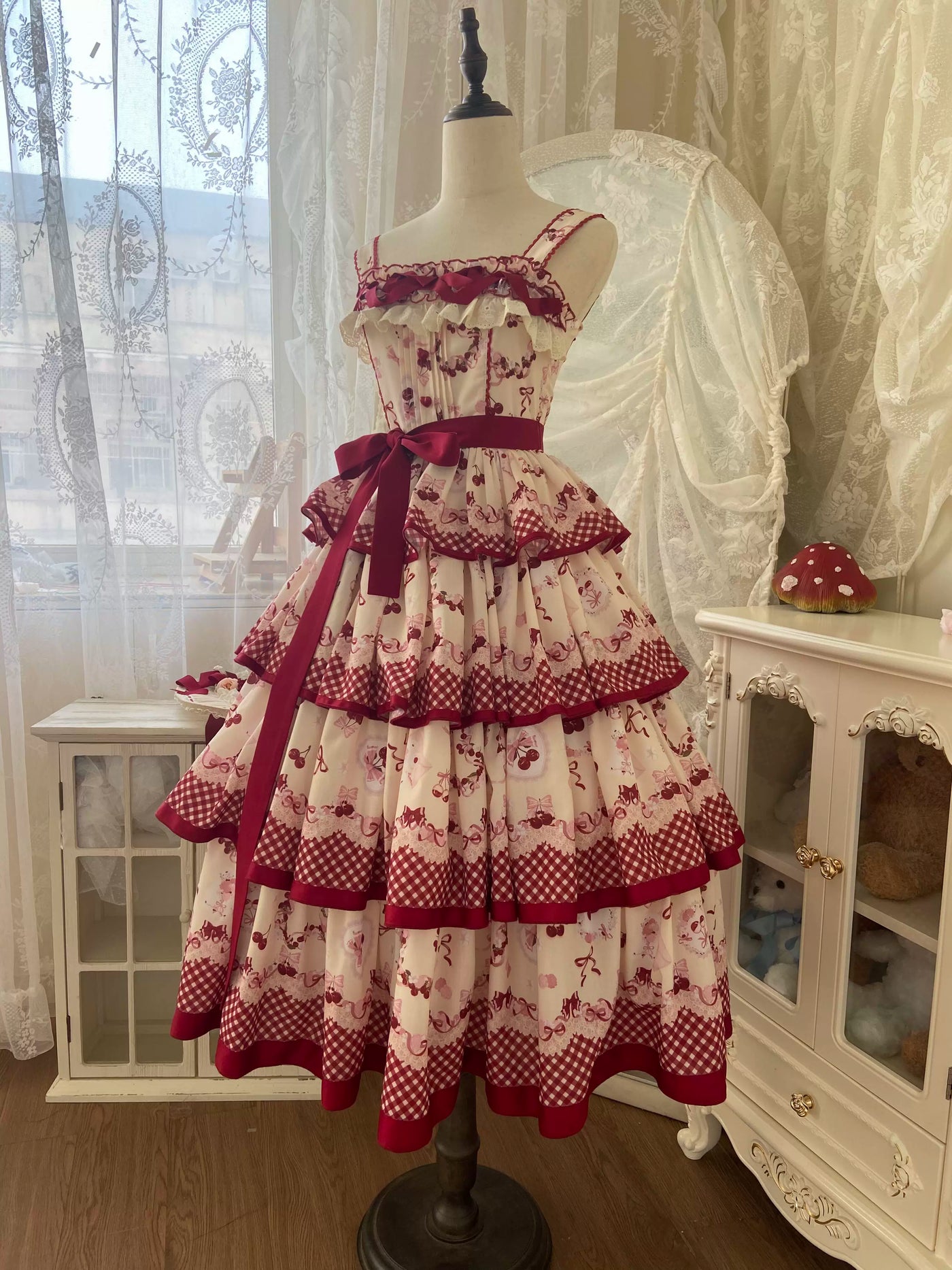 Dream Bunny - The Cherries Are Ripe - Cherry-Print Lolita Fashion Set with Gingham Ruffles