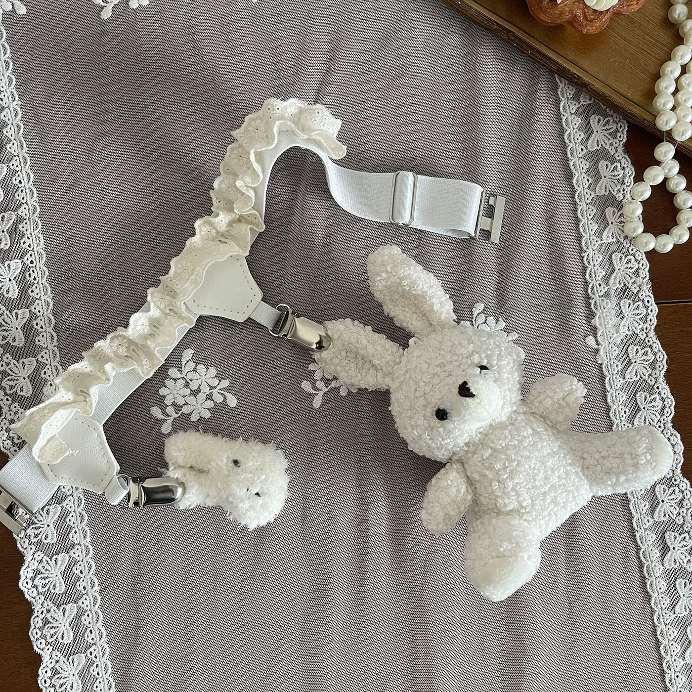 Sock Noble - Big-Eared Rabbit - Beige Tights and Lace Stockings with Rabbit Leg Ring