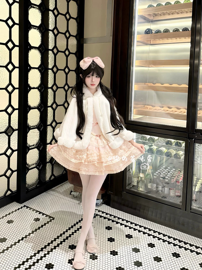 Mian Plush Cropped Lolita Shawl - Regular & Thick Versions — White - Lightweight Short Version