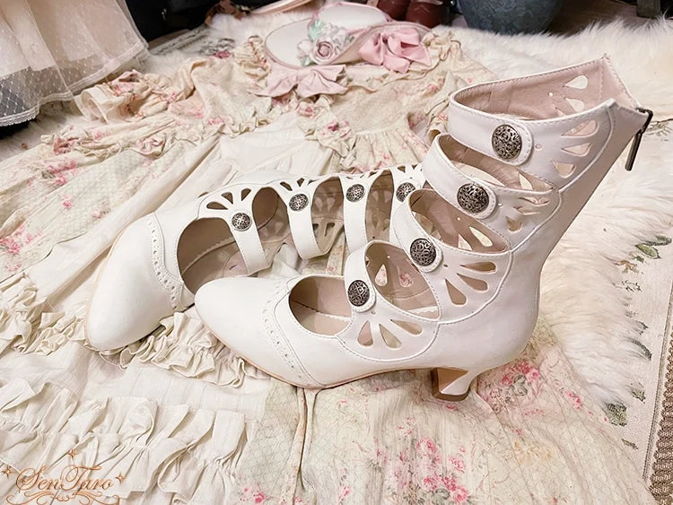 Sentaro - Floral Carved - Vintage Lolita Shoes Mary Jane Hollow-out Ankle Boots