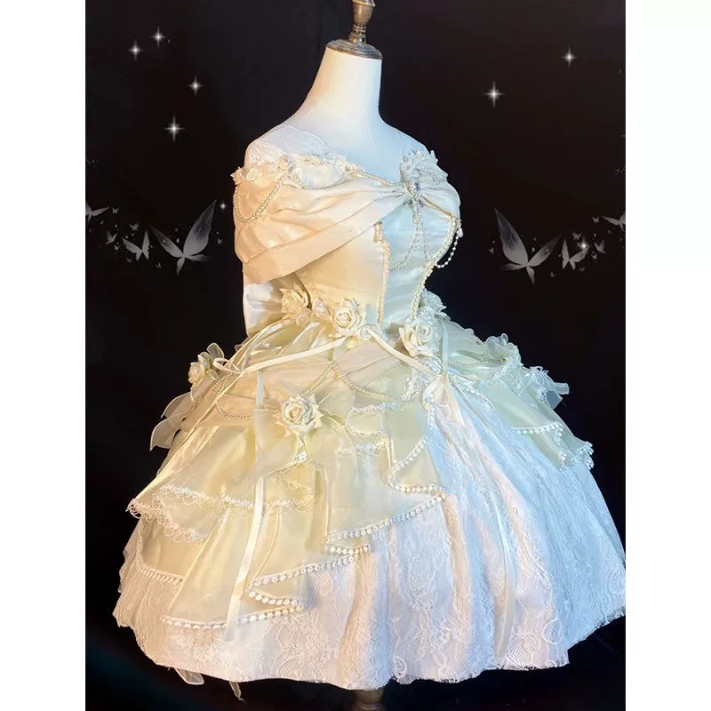 Flora Muse - Rose Encounter Lolita Ball Gown - Blue off-shoulder