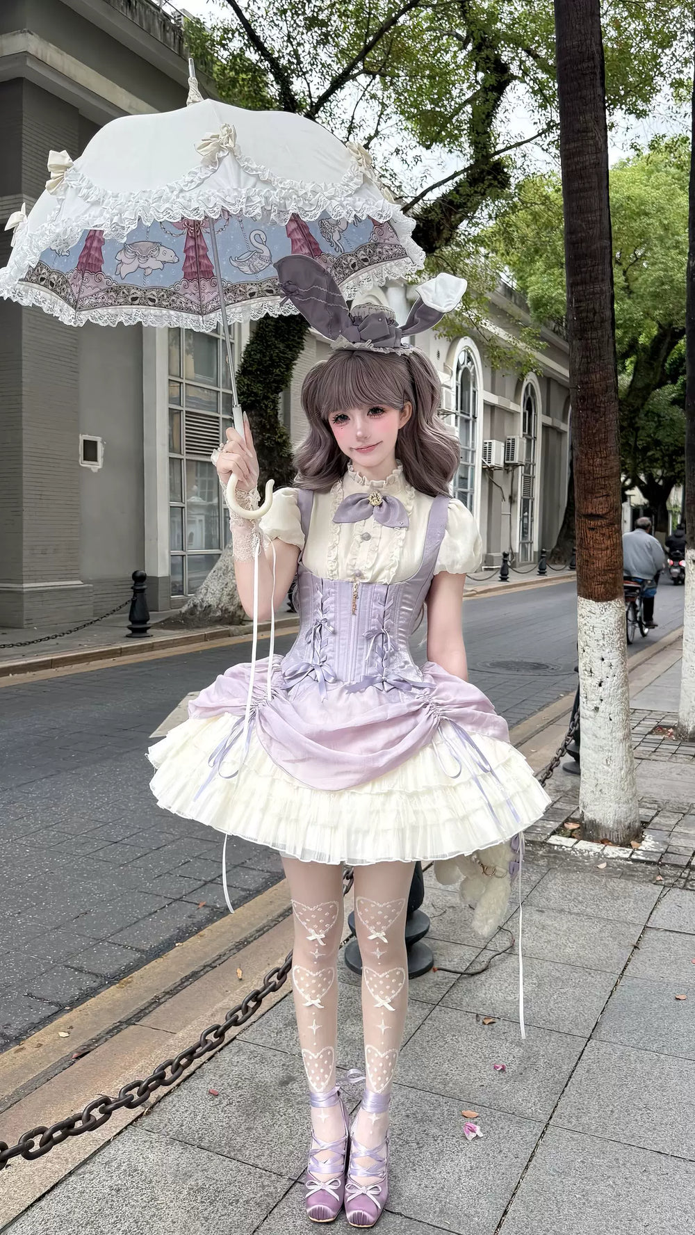 Purple JSK dress set with rabbit-ear hat and layered skirt