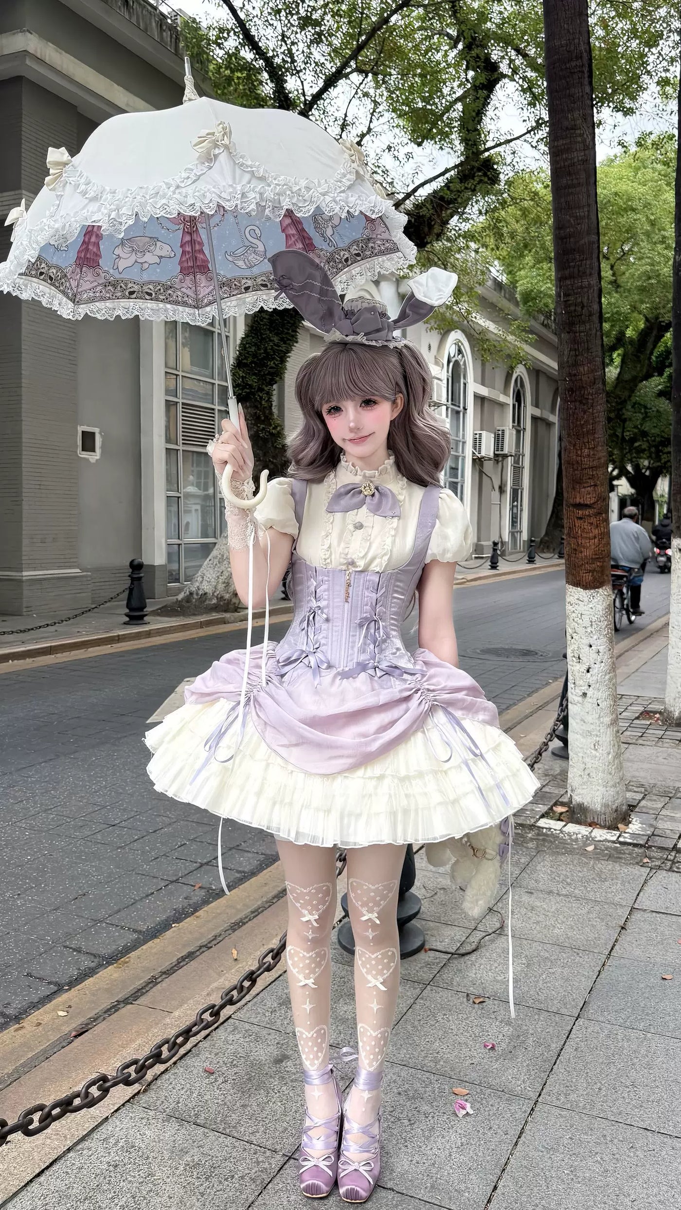 Purple JSK dress set with rabbit-ear hat and layered skirt