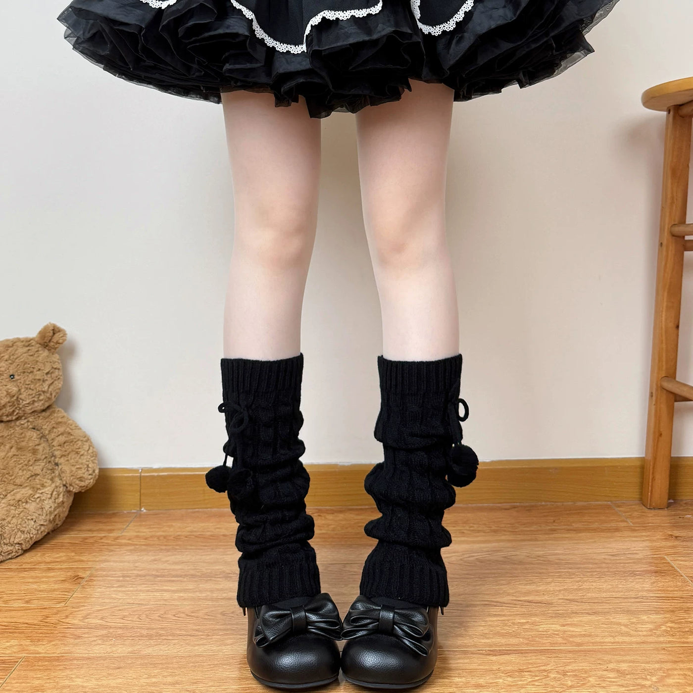 Chubby Bear Tales - Pom-Pom Cable Knit - Cable-Knit Sock Leg Warmers with Pom-Pom Ties