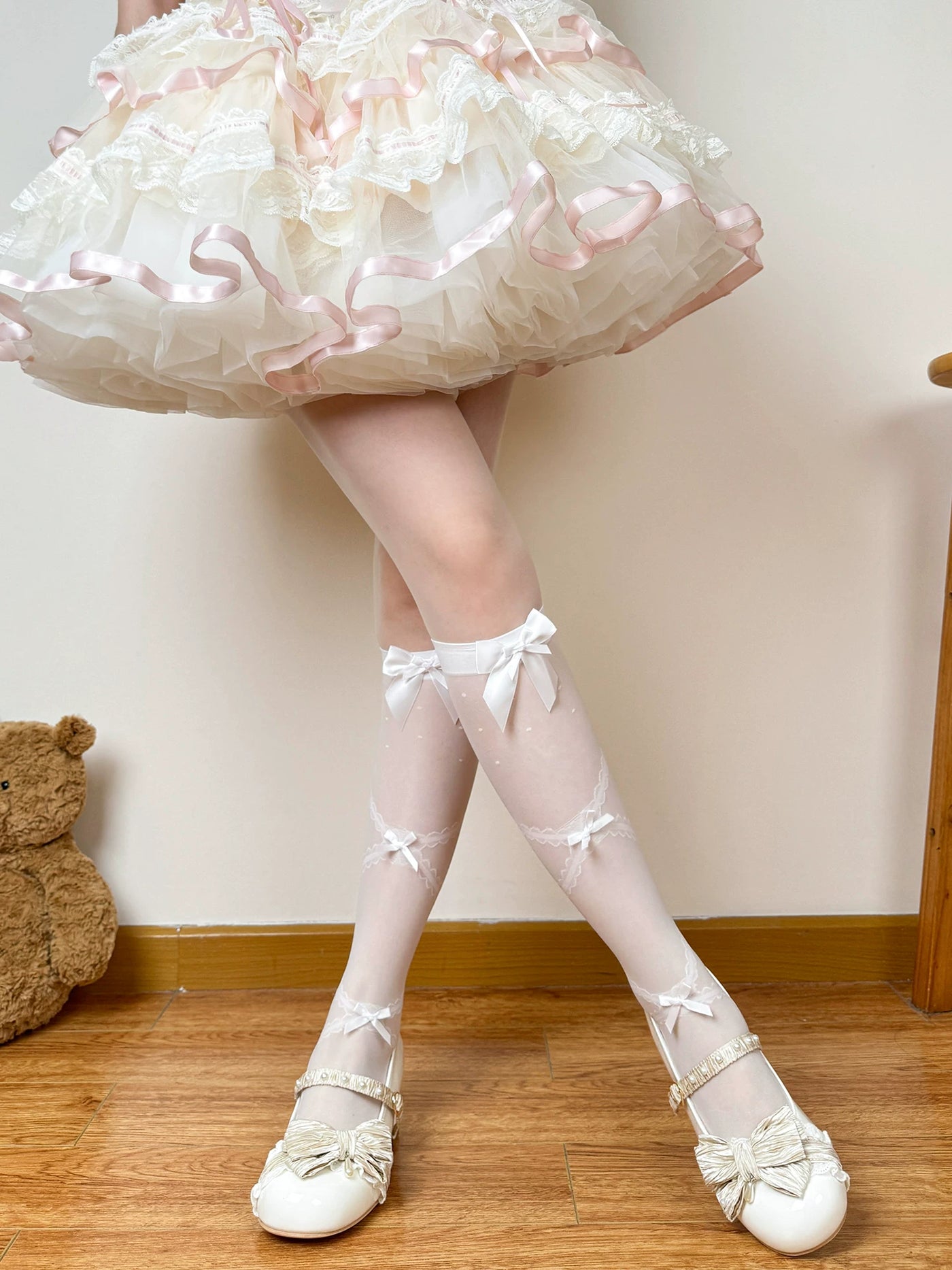 Chubby Bear Tales - Love Letter Ballet - Mid-Calf Socks with Lace and Bow Details