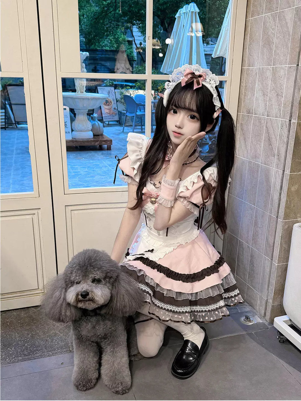 Creamy pink, ivory and brown OP dress and apron set with layered ruffles