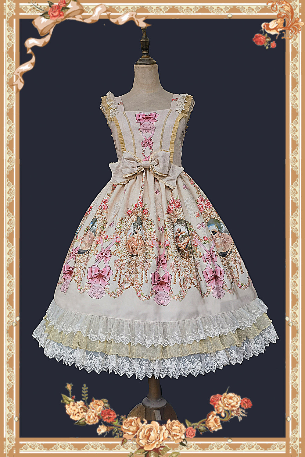 Fairytale Town Prom - Printed Tea Party Classic Lolita JSK Suit Beige JSK With A Waist Bow Only S